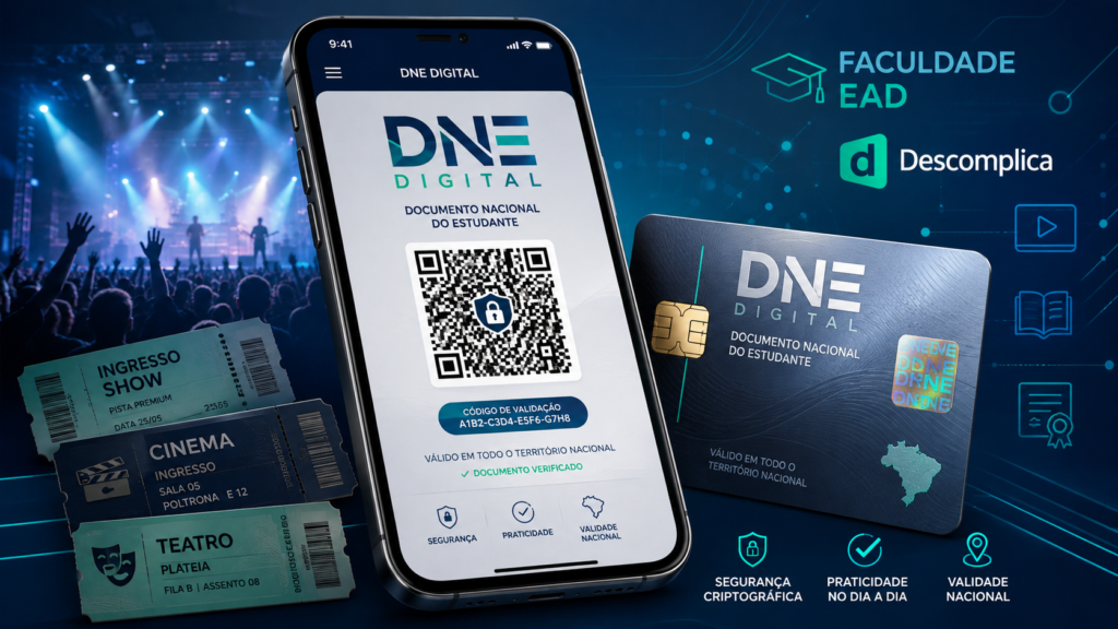 Carteira de Estudante Oficial DNE Digital e Física para alunos da Faculdade Descomplica com QR Code e certificação ICP-Brasil.
